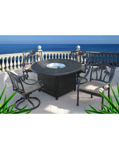 Palm Tree 5pc Outdoor Dining Set with 52" Round Fire Pit Dining Table Series 2000 - Antique Bronze - Includes 2 Swivel Rockers and 2 Dining Chairs