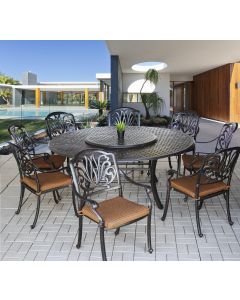 Elisabeth Outdoor Patio 9pc Dining Set with Series 5000 71" Round Table - Includes 35" Lazy Susan & Cushions - Antique Bronze Finish