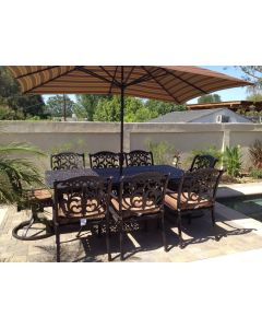 Flamingo Outdoor Patio 9pc Dining Set with 44" x 84" Rectangle Table - Includes 2 Swivel Rockers, 6 Standard Dining Chairs, 6.5' x 10.5' Rectangle Umbrella & Umbrella Base - Antique Bronze Finish