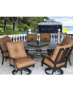 Barbados Cushion Outdoor Patio 9pc DINING Set with Series 5000 64" Square Table - Includes 35" Lazy Susan & Cushions - Antique Bronze Finish