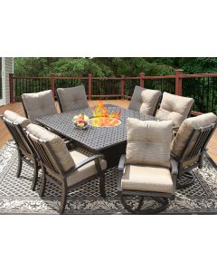 Barbados Cushion 64x64 Square Outdoor Patio 9pc Dining Set for 8 Person with Fire Table Series 7000 - Atlas - Antique Bronze Finish