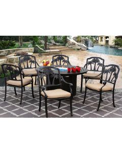 PALM TREE CAST ALUMINUM OUTDOOR PATIO 7PC SET 50 Inch ROUND FIRE TABLE Series 4000 WITH Sunbrella SESAME LINEN CUSHION