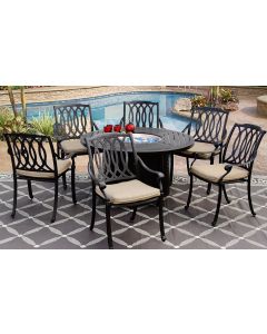 SAN MARCOS CAST ALUMINUM OUTDOOR PATIO 7PC SET 50 Inch ROUND DINING FIRE TABLE Series 4000 WITH Sunbrella® SESAME LINEN CUSHION