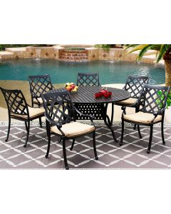CAMINO REAL CAST ALUMINUM OUTDOOR PATIO 7PC SET 60 Inch ROUND DINING TABLE Series 3000 WITH Sunbrella SESAME LINEN CUSHION