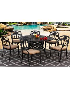 PALM TREE CAST ALUMINUM OUTDOOR PATIO 7PC SET 60 Inch ROUND DINING TABLE Series 3000 WITH Sunbrella SESAME LINEN CUSHION