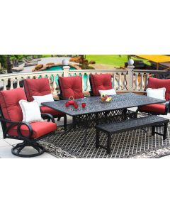 CHANNEL CAST ALUMINUM OUTDOOR PATIO 7PC DINING SET 44X102 RECT EXTEND Series 2000 WITH Sunbrella HENNA CUSHION - ANTIQUE BRONZE