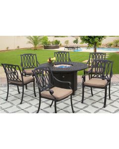 SAN MARCOS CAST ALUMINUM OUTDOOR PATIO 7PC SET 52 Inch ROUND DINING FIRE TABLE Series 2000 WITH Sunbrella® SESAME LINEN CUSHION