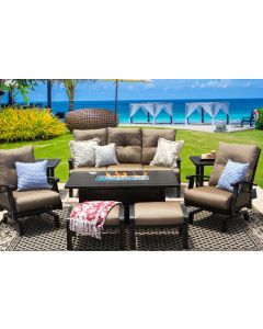 BARBADOS CUSHION ALUMINUM OUTDOOR PATIO 8PC SET SOFA, 2-CLUB SPRING ROCKER & OTTOMAN, 2-END TABLES 34X58 RECTANGLE FIREPIT SERIES 4000 WITH WALNUT BROWN CUSHION - ANTIQUE BRONZE