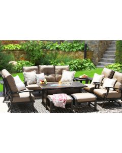 BARBADOS CUSHION ALUMINUM OUTDOOR PATIO 8PC SET SOFA, LOVESEAT, 2-CLUB SPRING ROCKER & OTTOMAN, 2-END TABLES 34X58 RECTANGLE FIREPIT SERIES 4000 WITH WALNUT BROWN CUSHION - ANTIQUE BRONZE