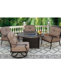 SAN MARCOS CAST ALUMINUM OUTDOOR PATIO 5PC SET 2- CLUB SWIVEL ROCKERS, 2- CLUB CHAIRS 52 Inch ROUND FIRE TABLE Series 2000 WITH WALNUT BROWN CUSHION