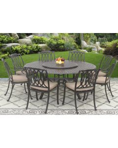 SAN MARCOS CAST ALUMINUM OUTDOOR PATIO 9PC SET 8-DINING CHAIRS 71 Inch ROUND TABLE 35" LAZY SUSAN SERIES 5000 WITH Sunbrella SESAME LINEN CUSHION