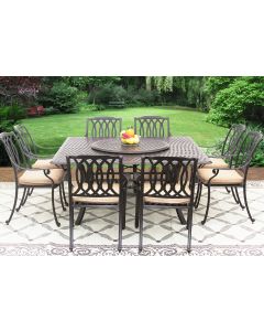 SAN MARCOS CAST ALUMINUM OUTDOOR PATIO 9PC SET 8-DINING CHAIRS 64 Inch SQUARE TABLE Series 5000 35" LAZY SUSAN WITH Sunbrella® SESAME LINEN CUSHION