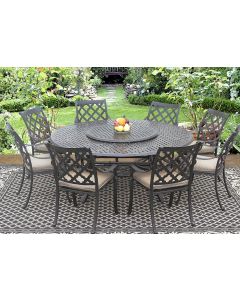 CAMINO REAL CAST ALUMINUM OUTDOOR PATIO 9PC SET 8-DINING CHAIRS 71 Inch ROUND TABLE 35" LAZY SUSAN SERIES 5000 WITH Sunbrella SESAME LINEN CUSHION