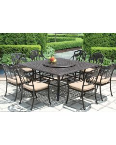 PALM TREE CAST ALUMINUM OUTDOOR PATIO 9PC SET 8-DINING CHAIRS 64 Inch SQUARE TABLE Series 5000 35" LAZY SUSAN WITH Sunbrella SESAME LINEN CUSHION