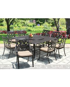CAMINO REAL CAST ALUMINUM OUTDOOR PATIO 9PC SET 8-DINING CHAIRS 64 Inch SQUARE TABLE Series 5000 35" LAZY SUSAN WITH Sunbrella SESAME LINEN CUSHION