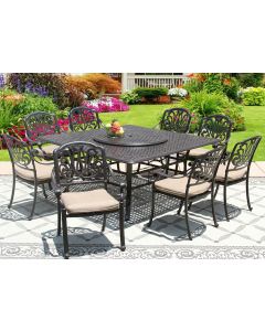 ELISABETH CAST ALUMINUM OUTDOOR PATIO 9PC SET 8-DINING CHAIRS 65 Inch SQUARE TABLE Series 5000 35" LAZY SUSAN WITH Sunbrella SESAME LINEN CUSHION
