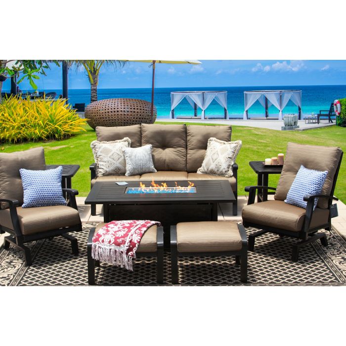 Udelade lyserød Til ære for BARBADOS CUSHION ALUMINUM OUTDOOR PATIO 8PC SET SOFA, 2-CLUB SPRING ROCKER  & OTTOMAN, 2-END TABLES 34X58 RECTANGLE FIREPIT SERIES 4000 WITH WALNUT  BROWN CUSHION - ANTIQUE BRONZE